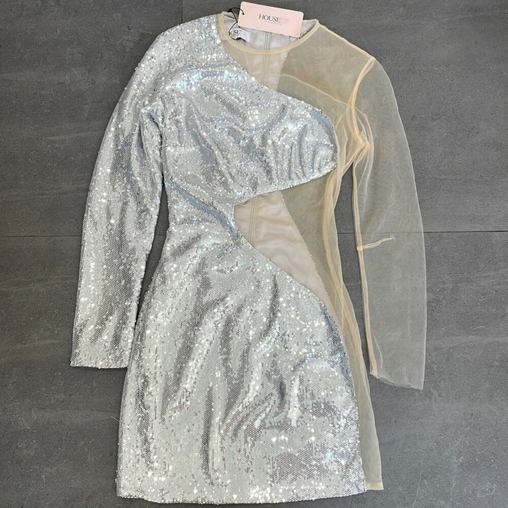 NWT House Of CB London Zia Nude and Silver Mini Dress size XS - Picture 6 of 10